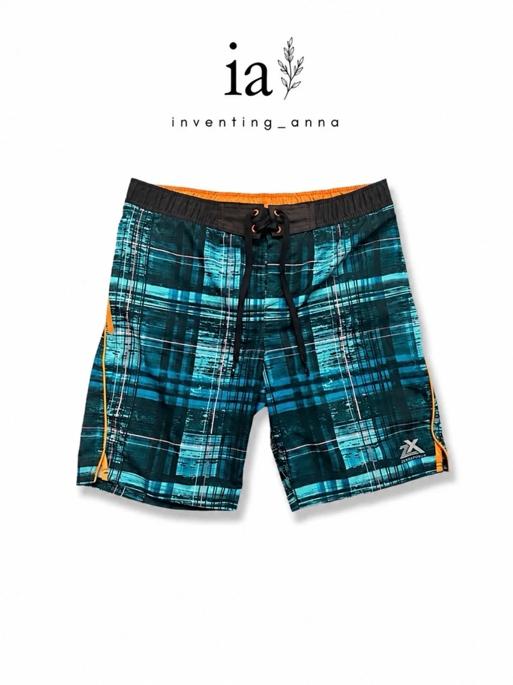 Men’s Aqua Blue & Green Plaid Swim Shorts with Orange Accent Design Tie Waist